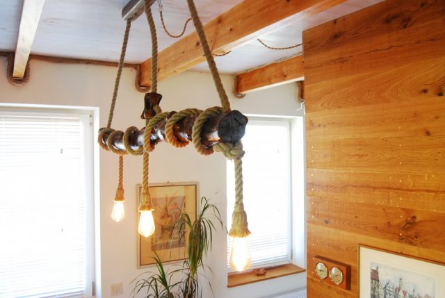 Duża drewniana lampa sufitowa, dębowa wisząca lampa z liny jutowej, nad wyspę kuchenną