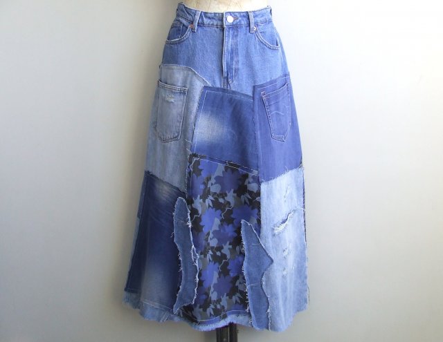 długa patchworkowa spódnica jeans, recycled jeans r.40/42
