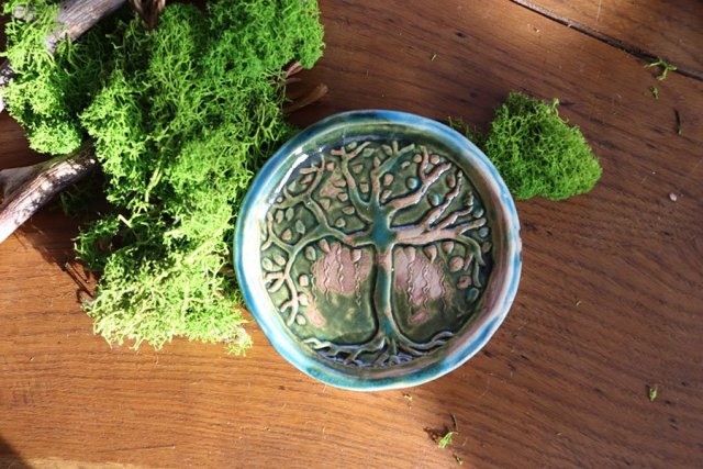 Mydelniczka zielona ceramiczna Drzewo życia, akcesoria do łazienki, ceramiczna, wzory, turkusowa, pofdstawka na świczki