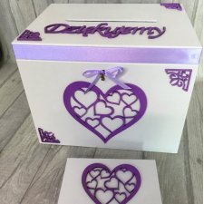 Drewniane pudełko na koperty  i białe pudełko na obrączki zdobione fioletowymi ozdobami