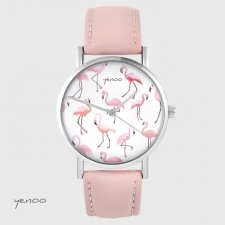 Zegarek - Flamingi - pudrowy róż, skórzany