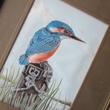 J & j cash -miniatura - Haft na jedwabiu - kingfisher - cudo precyzji uroda obrazu - silk