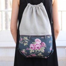 Worek z lnu i bawełny, szary elegancki plecak w kwiaty 50x36