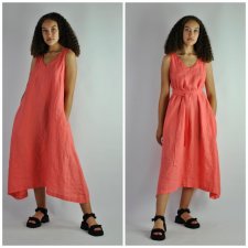 Sukienka lniana z paskiem i kieszeniami koral - Nr.86