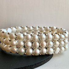 Białe naturalne perły i srebro ❤ Bransoletka trzyrzędowa ❤ Perły