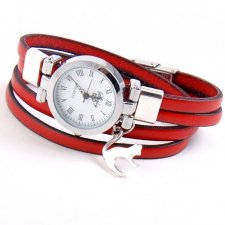 zegarek-bransoletka z kotem, czerwony, skórzany pasek