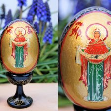 Drewniana pisanka na nóżce, Rosja, ikona, Matka Boża, decoupage, rękodzieło