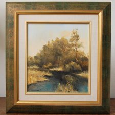 Pejzaż, las, rzeka, obraz olejny na płótnie, M. Rojewski