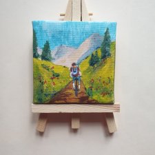 Obraz ręcznie malowany mini "Góry" +sztaluga rower