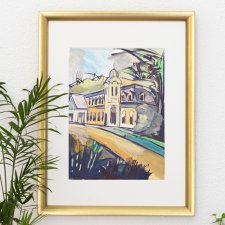 Architektura, obraz, gwasz, Saba, ekspresjonizm 29 x 21 cm
